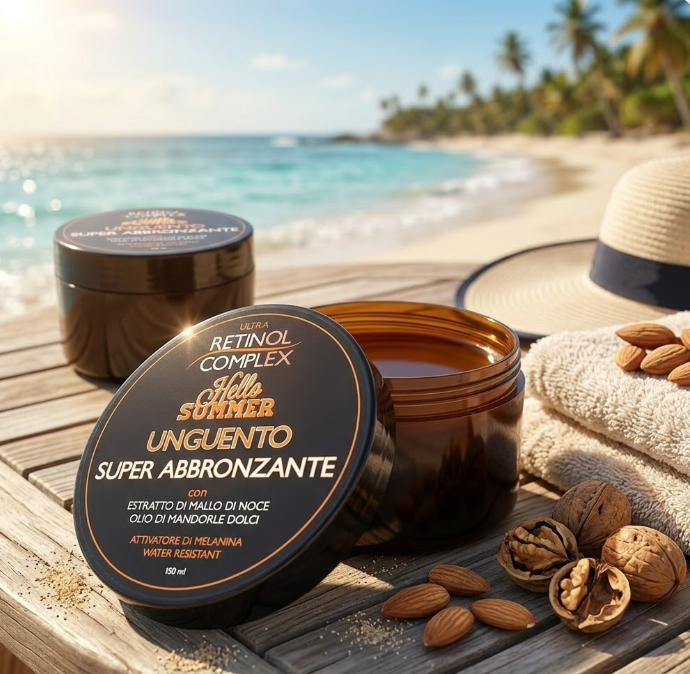 Unguento super abbronzante Ultra Retinol Complex in barattolo nero con coperchio e crema