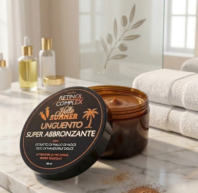Unguento super abbronzante Ultra Retinol Complex in barattolo nero con vasetto aperto