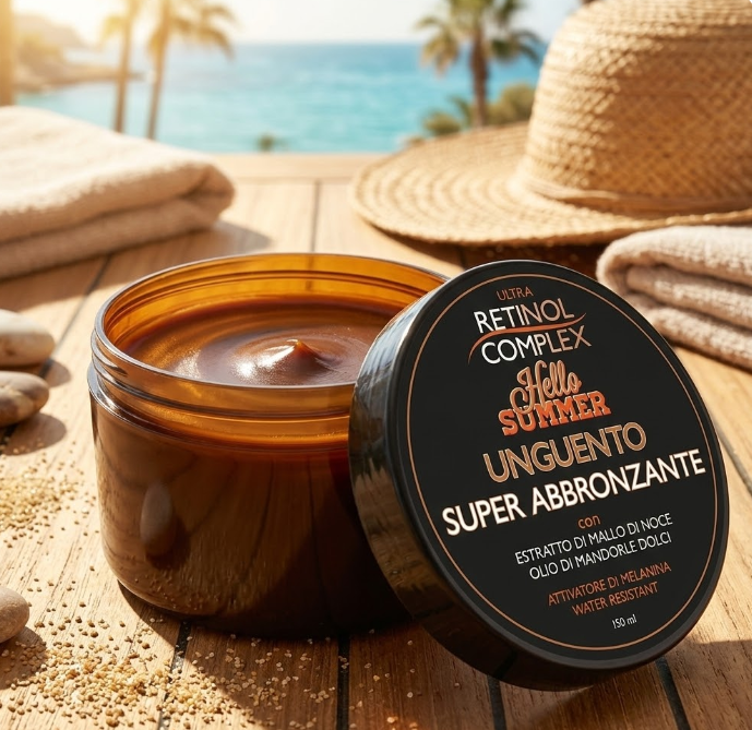 Vasetto di unguento super abbronzante Ultra Retinol Complex: barattolo nero e crema ambrata