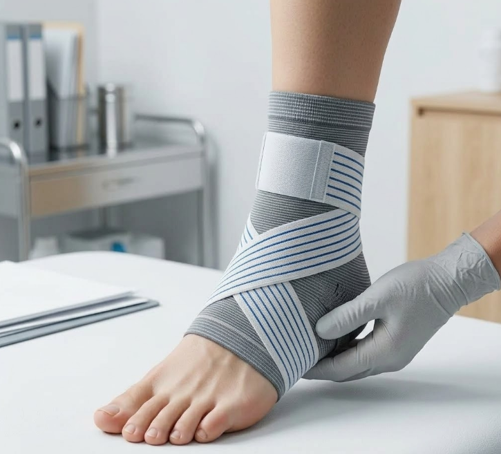 Supporto caviglia elastico grigio con fascia blu regolabile