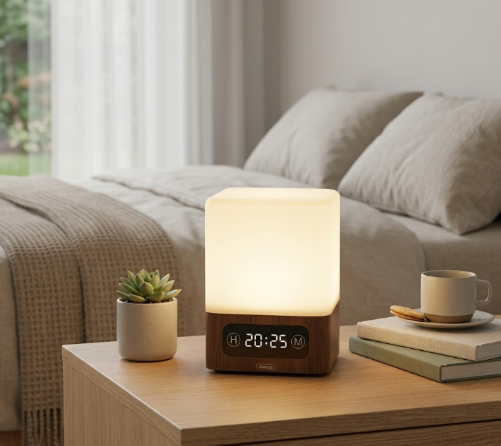 Lampada LED da tavolo con luce notturna a cubo e display digitale su base in legno