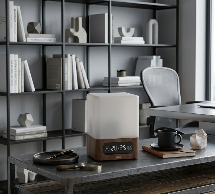 Lampada LED da tavolo con luce notturna a cubo e display digitale, base in legno
