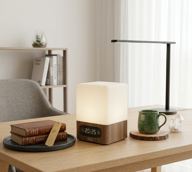 Lampada LED da tavolo moderna con luce notturna a cubo chiaro e display digitale