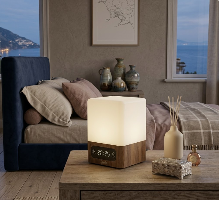 Lampada LED da tavolo con luce notturna a cubo luminoso e display digitale su base