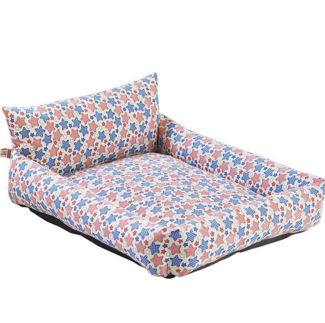 Cuccia imbottita per animali con cuscino, rivestimento a stelle blu e rosse in cotone