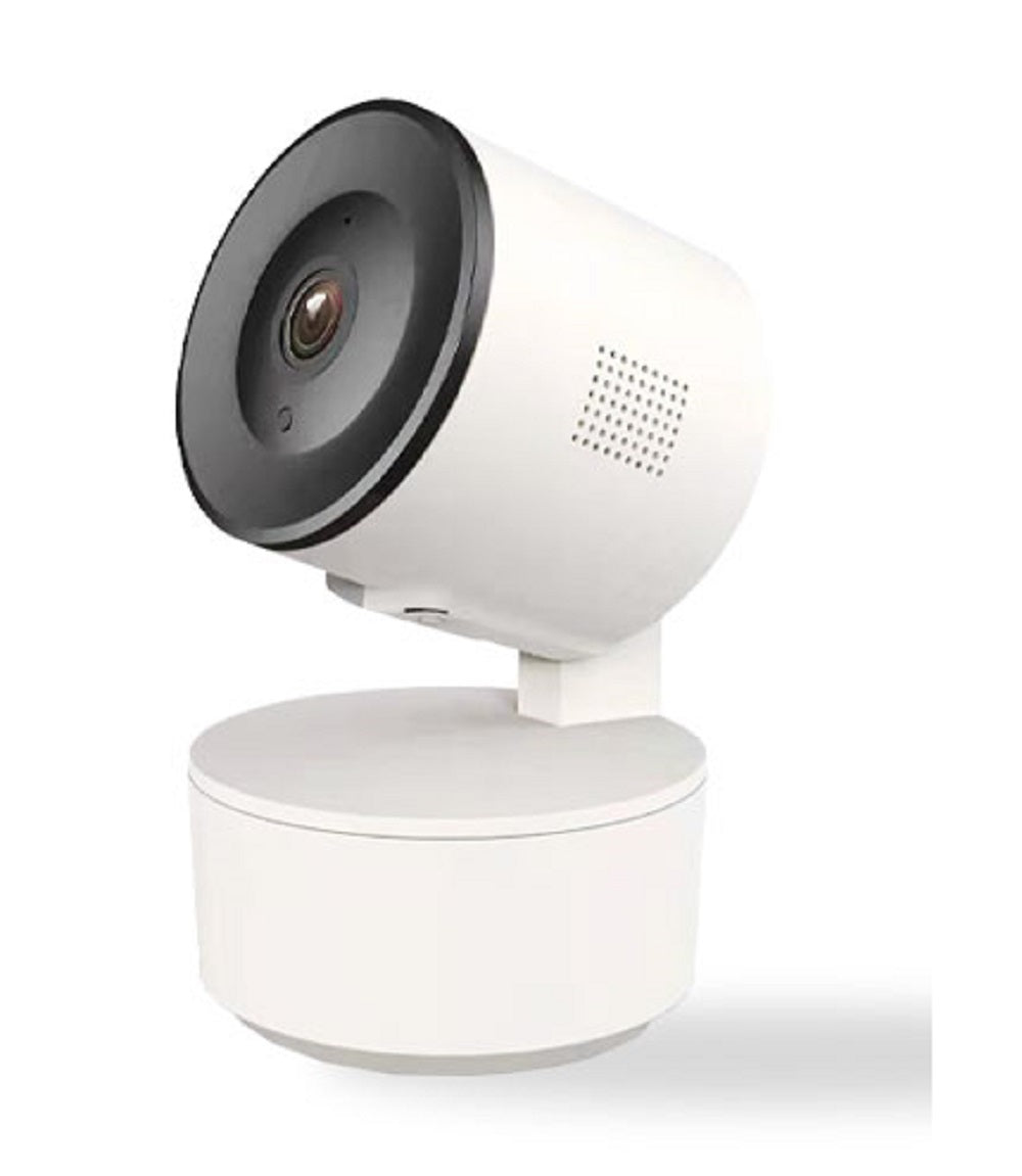 Telecamera IP Wi‑Fi bianca con lente nera e microfono su supporto da scrivania