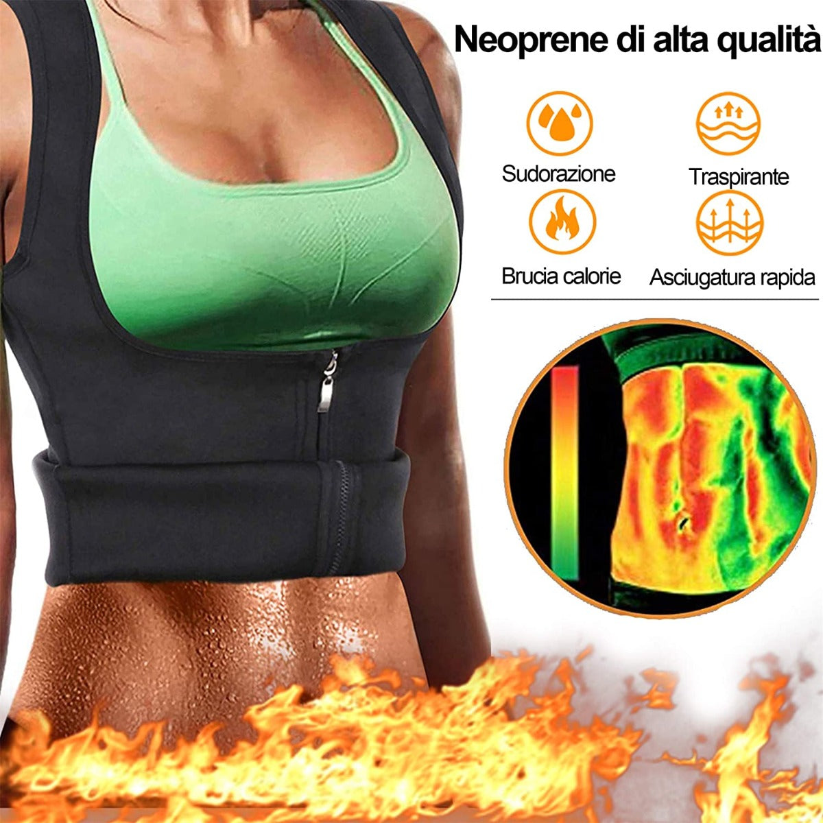 Gilet sauna in neoprene nero con zip centrale e pannelli sagomati