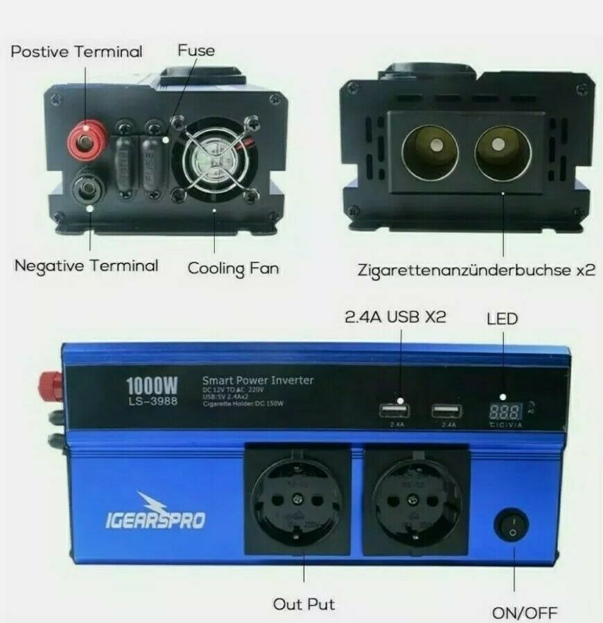 Inverter 12V-220V con terminali positivo/negativo, fusibile e ventola di raffreddamento