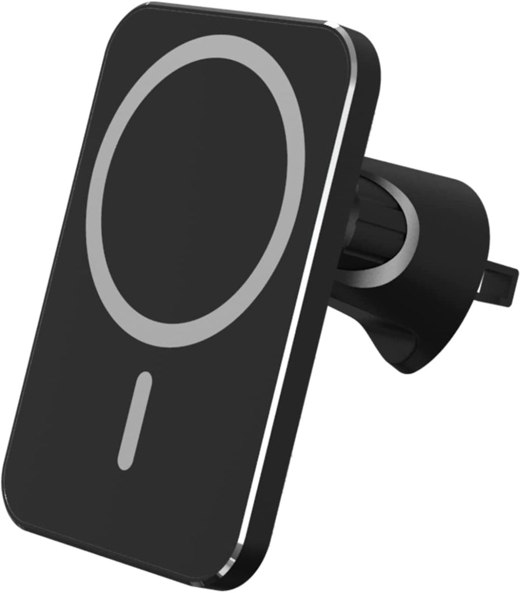 Supporto auto MagSafe nero con anello grigio e staffa di aggancio per bocchetta