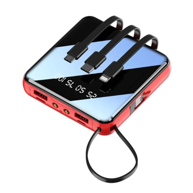Power bank compatto rosso con display LED, porte USB e cavi integrati