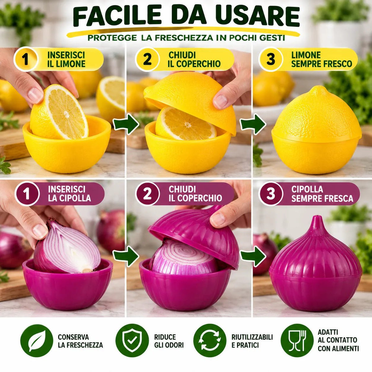 Set 2 Contenitori Salva Alimenti Limone e Cipolla con Coperchio – Porta Limone e Porta Cipolla in Plastica per Frigorifero e Freezer, Contenitori Riutilizzabili Salva Freschezza - | Prendilo Subito