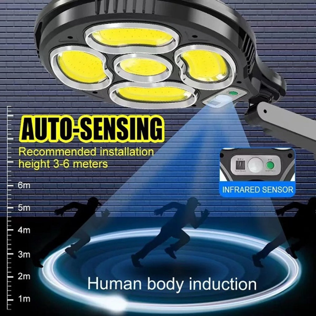 Proiettore solare nero con 5 LED COB, modulo sensore e telecomando a lato.