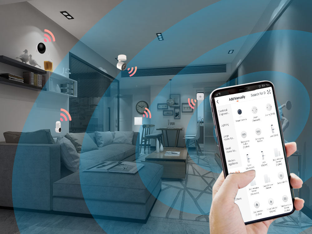 Telecamera IP Wi‑Fi bianca con segnali di rilevamento nell’ambiente domestico