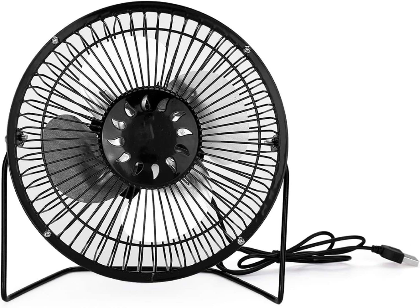 Mini ventilatore da tavolo metallico nero con griglia circolare e cavo USB.