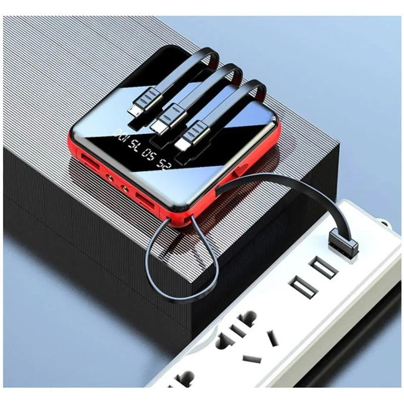 Power bank compatto rosso con cavi integrati e display LED