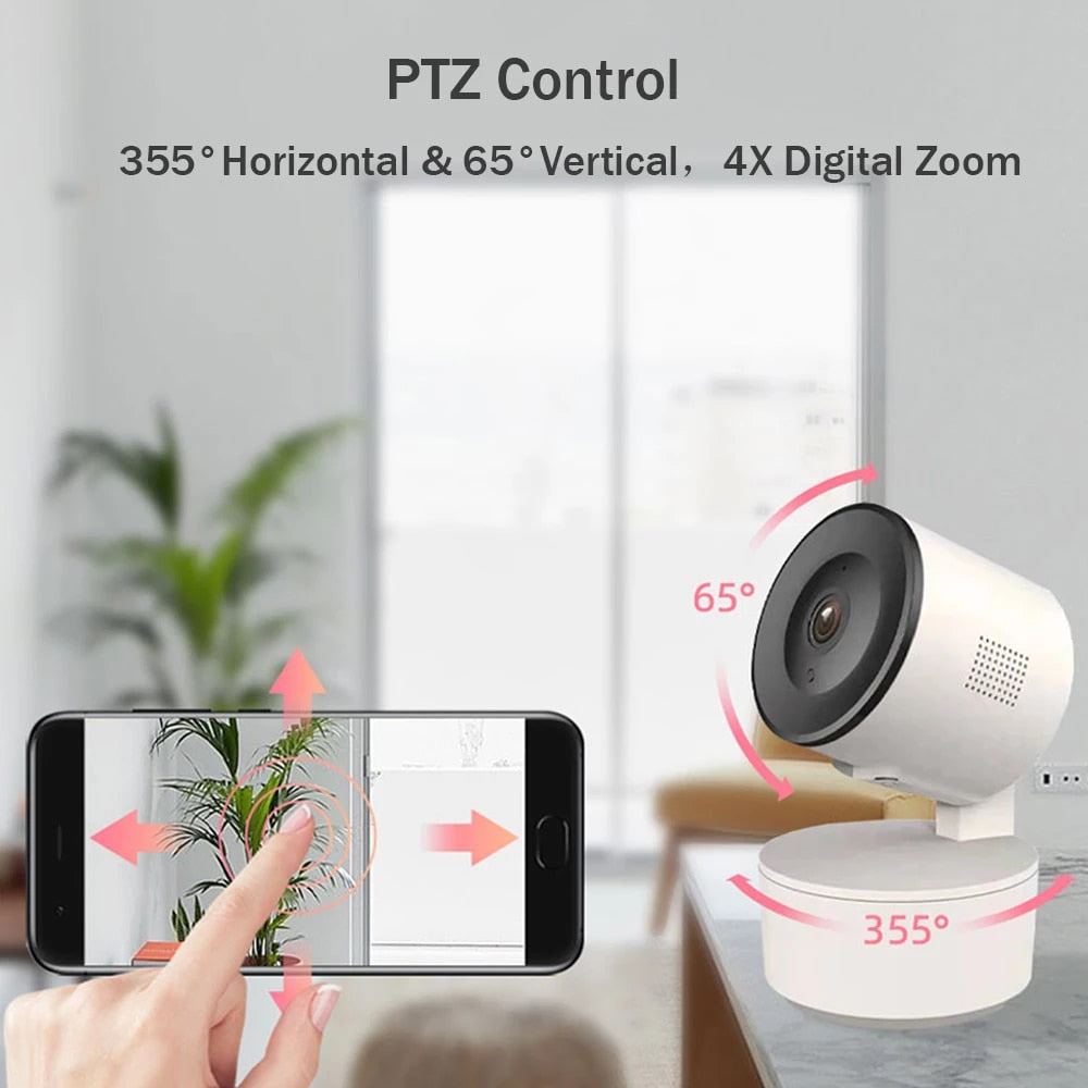 Telecamera IP Wi‑Fi bianca con testa girevole su base rotonda e angoli evidenziati