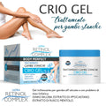 Gel CriO Gel per gambe stanche con gambe distese e barattolo blu BODY PERFECT.