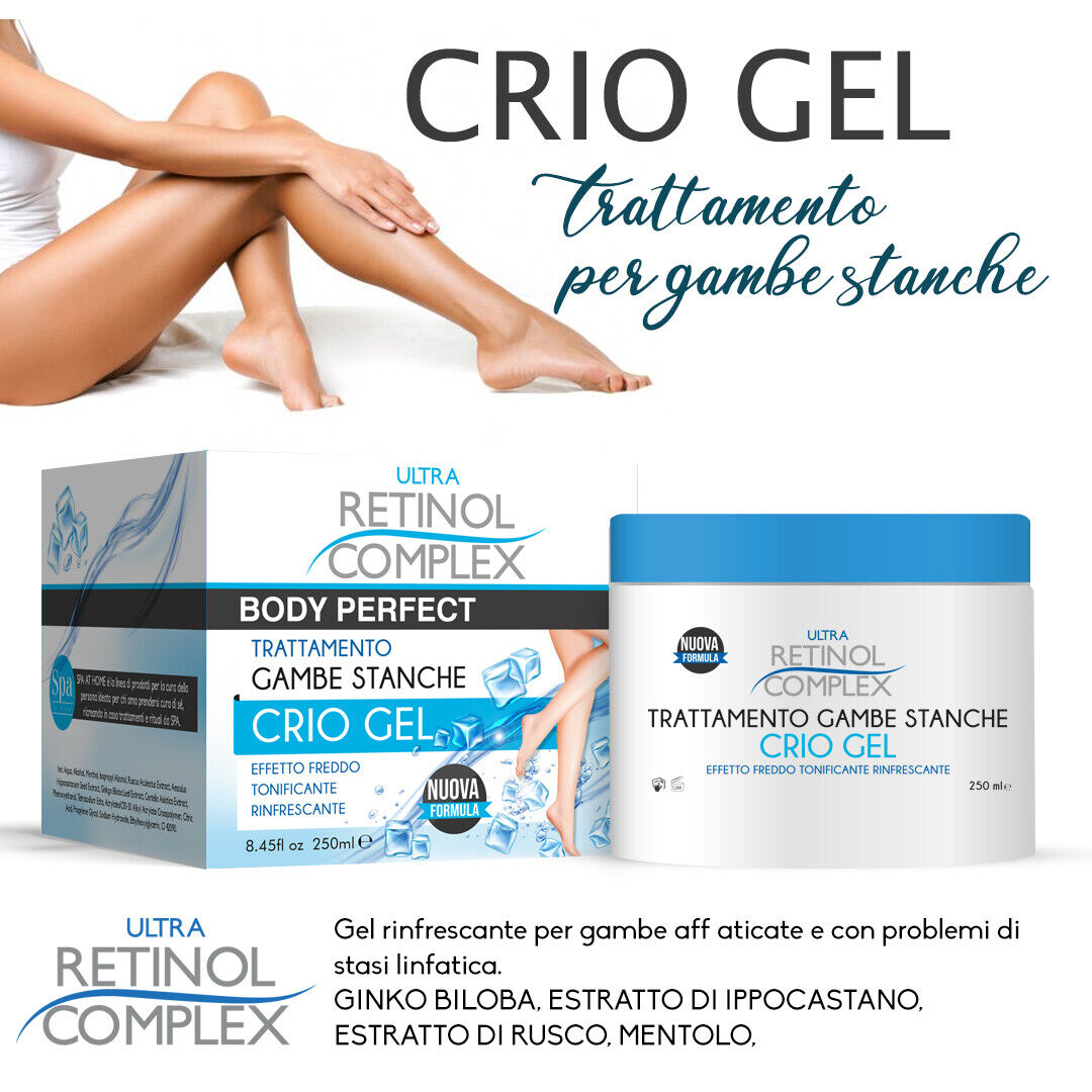 Confezione CriO Gel per gambe stanche con barattolo blu BODY PERFECT e tappo.