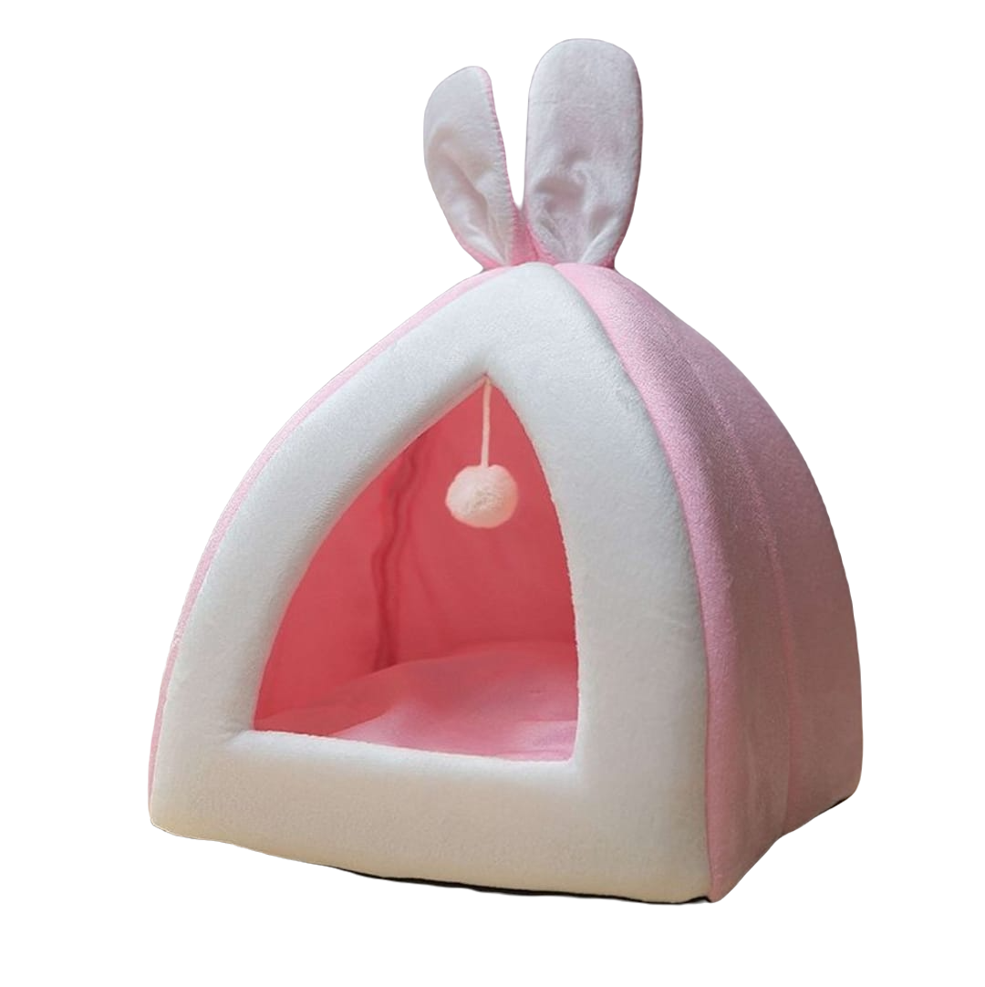 Cuccia per gatti a tenda rosa e bianca con orecchie da coniglio e interno rosso