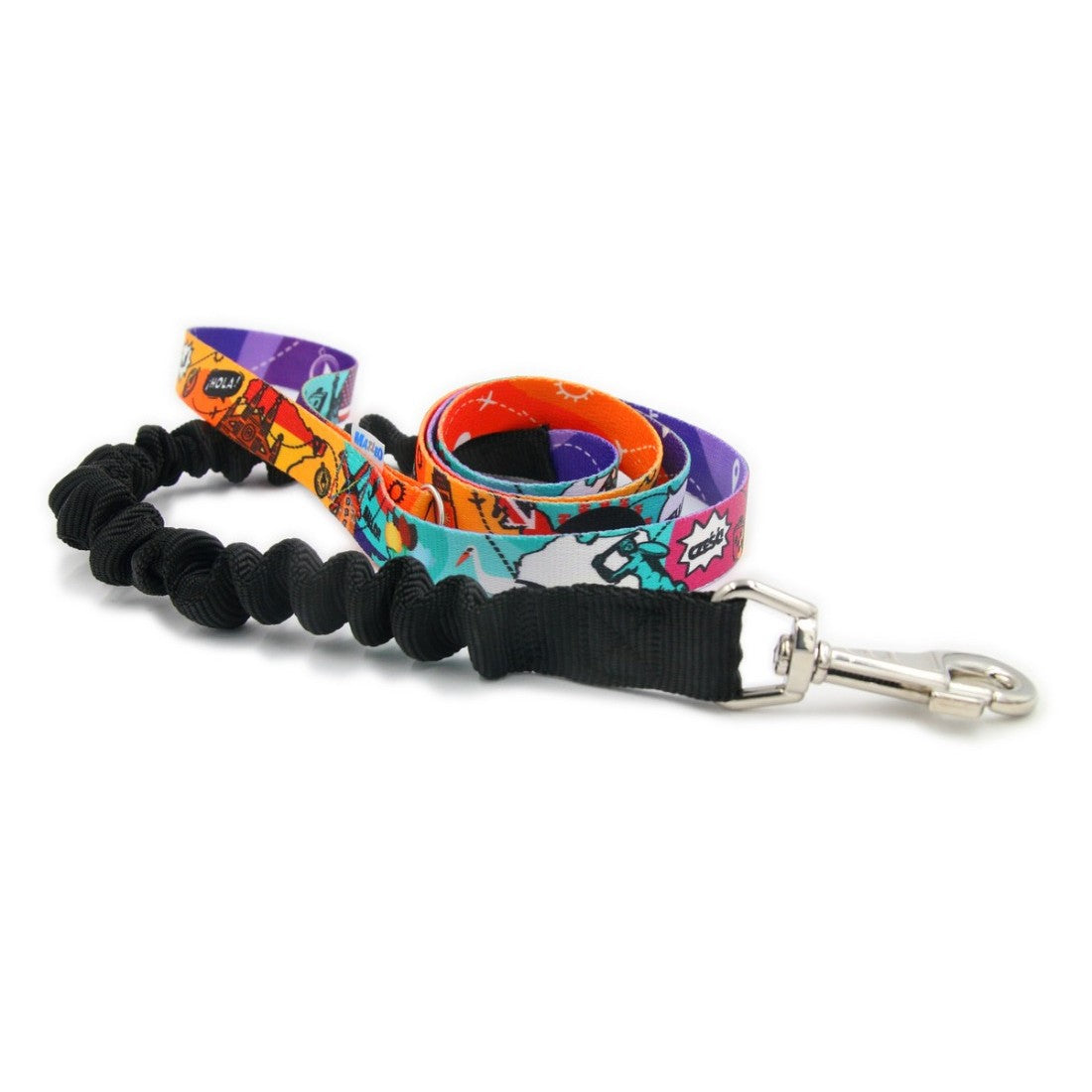 Guinzaglio per cani antiurto: fascia nera elasticizzata, cinghia fantasia arancio-viola, moschettone