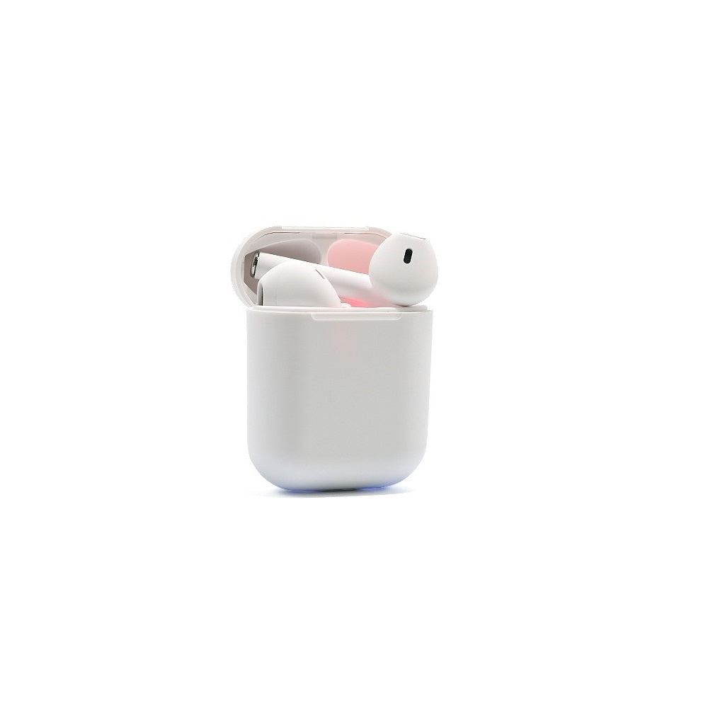 Cuffie auricolari wireless bianche nella custodia di ricarica con coperchio aperto
