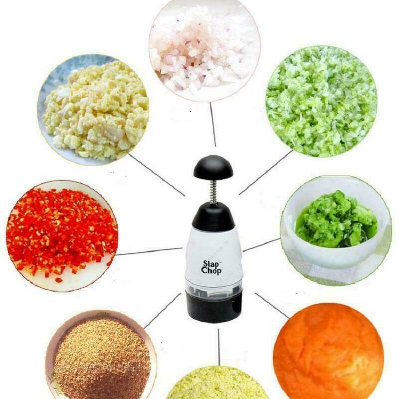 Tritatutto manuale Slap' Chop nero con campana bianca e dischi per triturare verdure