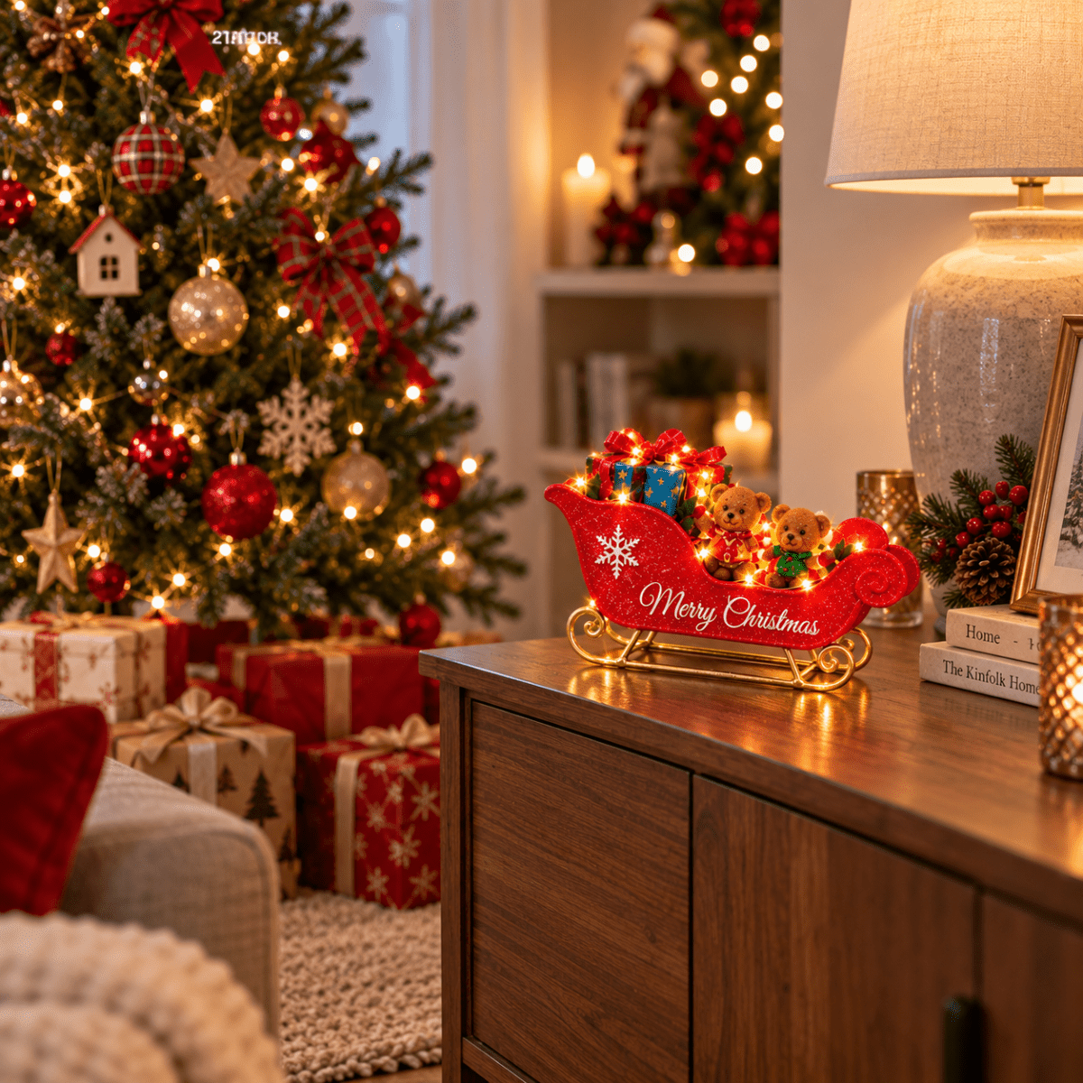 Slitta Natalizia Decorativa con Luci LED Bianco Caldo 27 cm Slitta Rossa con Babbo Natale, Orsetti o Elfi Modelli Assortiti - | Prendilo Subito
