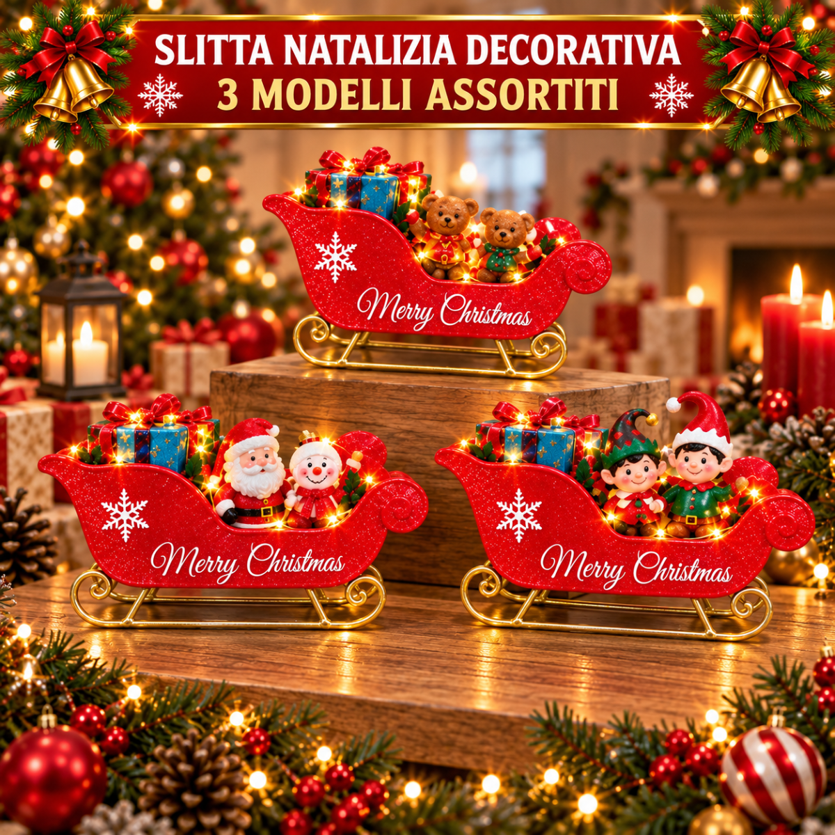 Slitta Natalizia Decorativa con Luci LED Bianco Caldo 27 cm Slitta Rossa con Babbo Natale, Orsetti o Elfi Modelli Assortiti - | Prendilo Subito