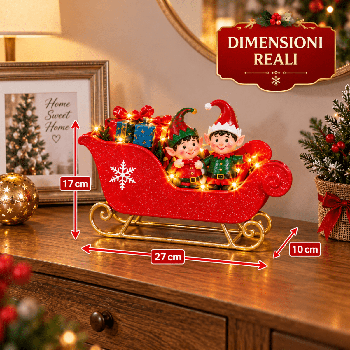 Slitta Natalizia Decorativa con Luci LED Bianco Caldo 27 cm Slitta Rossa con Babbo Natale, Orsetti o Elfi Modelli Assortiti - | Prendilo Subito