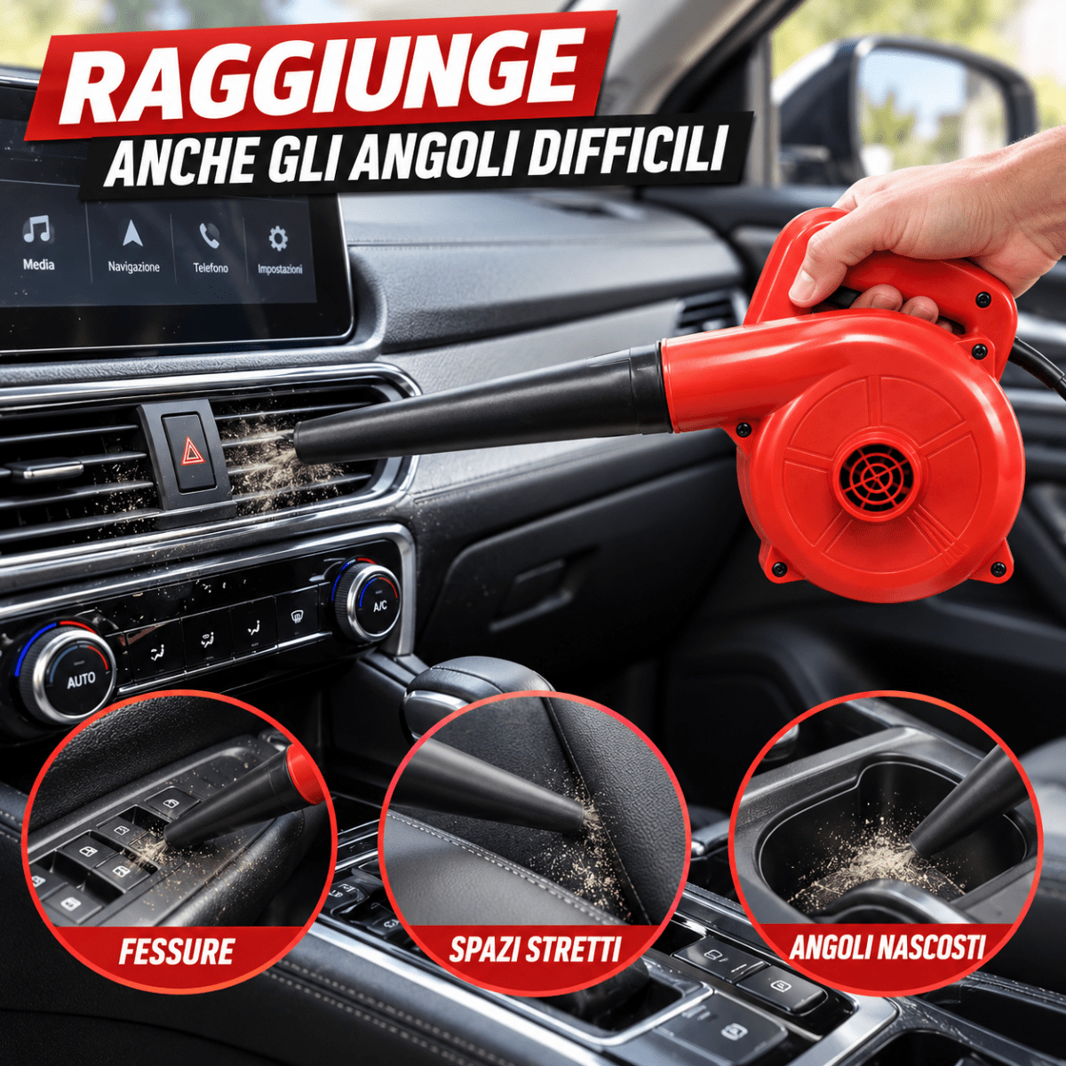 Soffiatore Aspiratore Elettrico Portatile 2 in 1 Rosso con Tubo Lungo – Pulizia PC, Tastiere, Polvere, Auto e Officina - | Prendilo Subito