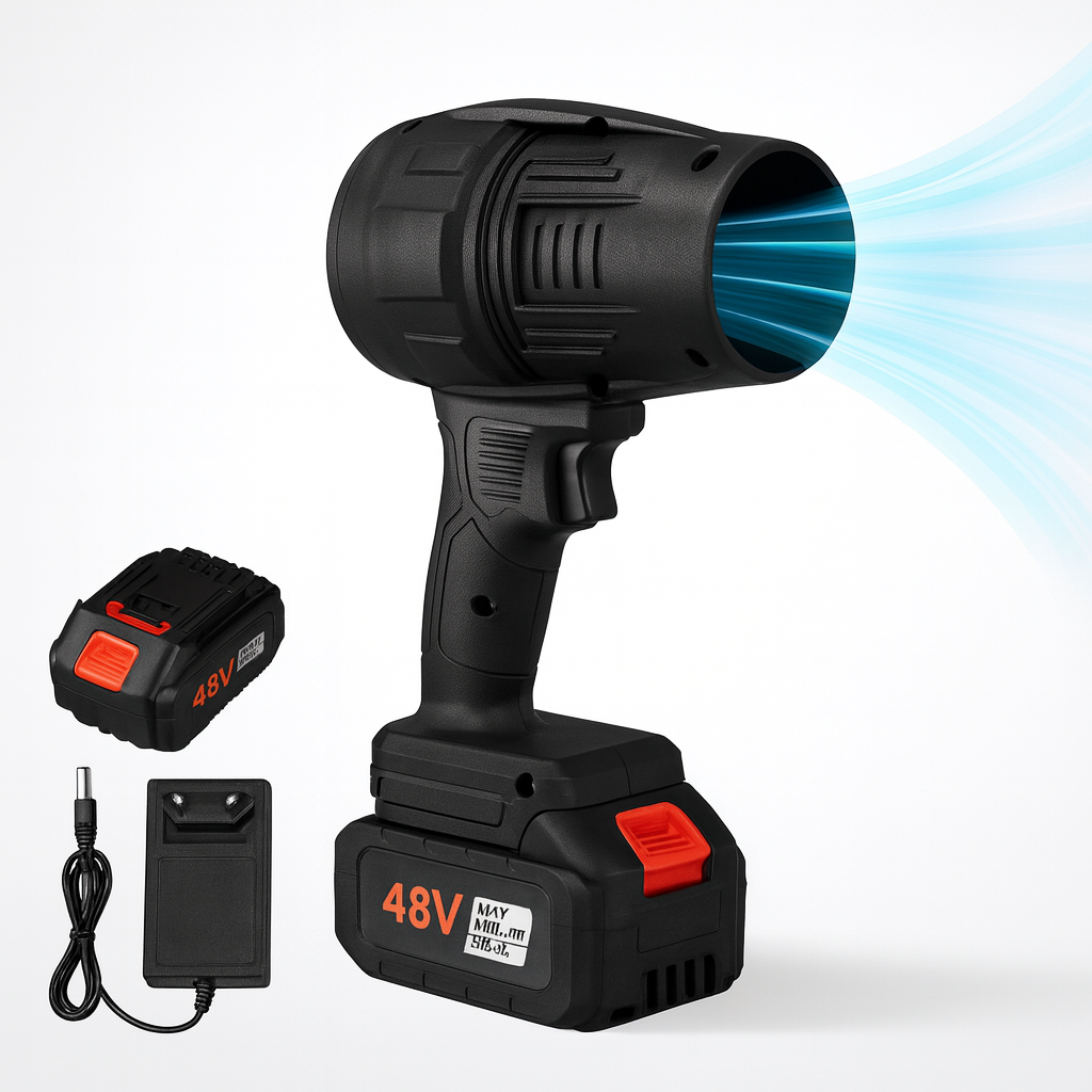 Soffiatore cordless nero con bocchetta circolare e batteria 48V