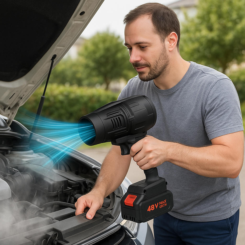 Soffiatore cordless nero con bocchetta e batteria rossa