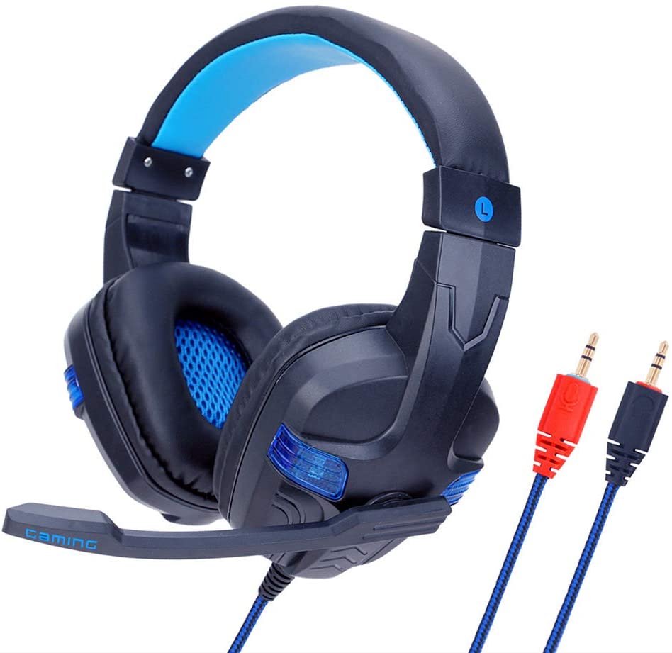 Cuffia gaming nera con inserti blu, pad auricolari e cavo con jack audio