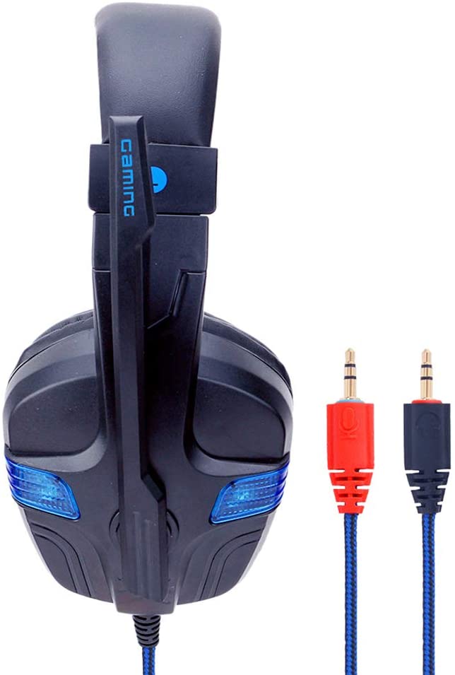 Cuffia gaming nera con logo e dettagli blu, archetto e cavo con jack audio
