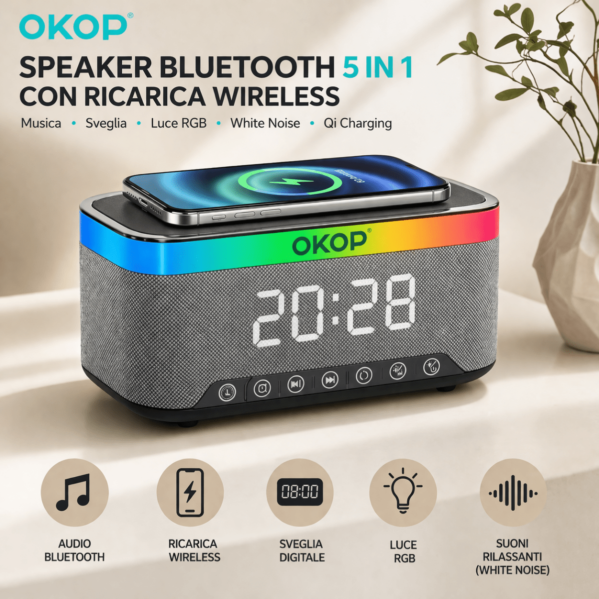 Speaker Bluetooth 5 in 1 con Ricarica Wireless Qi OKOP KP-559 , Sveglia Digitale LED, Luce RGB e White Noise – Vivavoce HD e Design Moderno - | Prendilo Subito