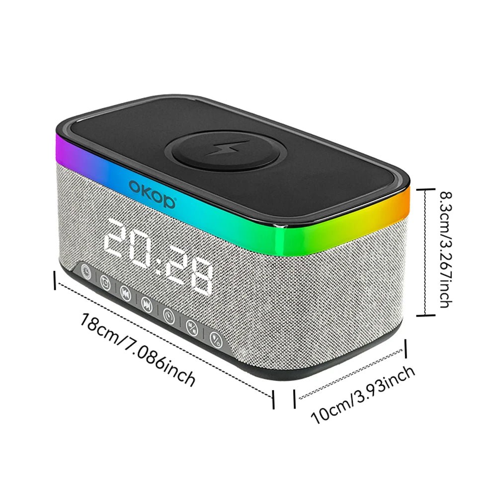 Speaker Bluetooth 5 in 1 con Ricarica Wireless Qi OKOP KP-559 , Sveglia Digitale LED, Luce RGB e White Noise – Vivavoce HD e Design Moderno - | Prendilo Subito