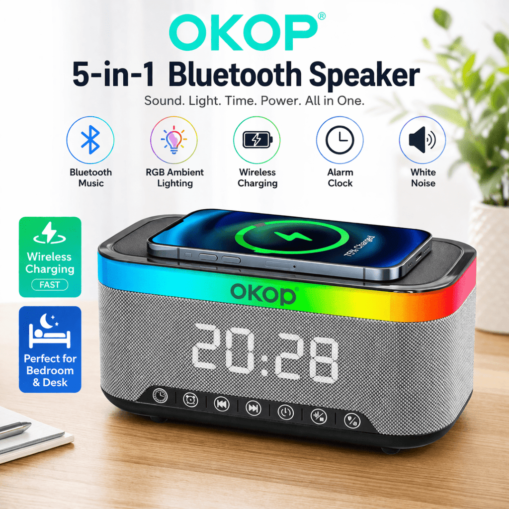 Speaker Bluetooth 5 in 1 con Ricarica Wireless Qi OKOP KP-559 , Sveglia Digitale LED, Luce RGB e White Noise – Vivavoce HD e Design Moderno - | Prendilo Subito