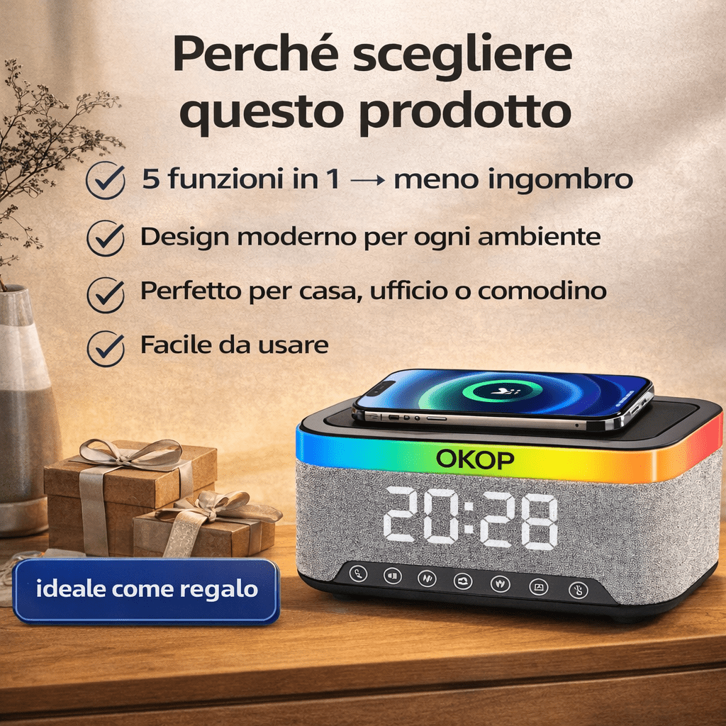 Speaker Bluetooth 5 in 1 con Ricarica Wireless Qi OKOP KP-559 , Sveglia Digitale LED, Luce RGB e White Noise – Vivavoce HD e Design Moderno - | Prendilo Subito