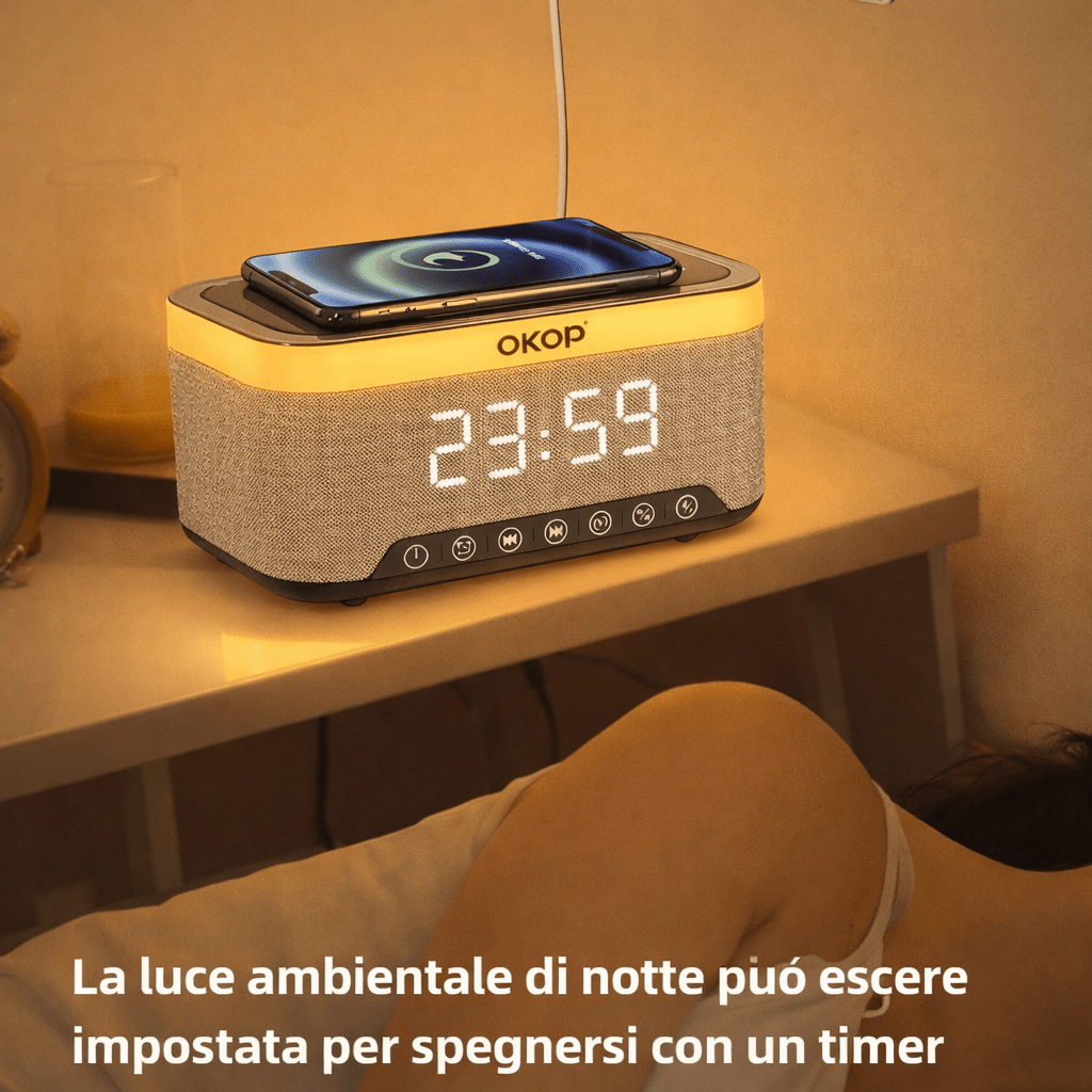 Speaker Bluetooth 5 in 1 con Ricarica Wireless Qi OKOP KP-559 , Sveglia Digitale LED, Luce RGB e White Noise – Vivavoce HD e Design Moderno - | Prendilo Subito