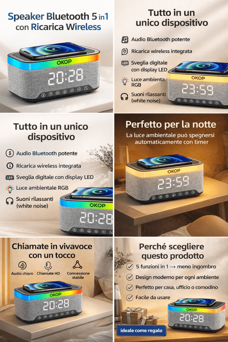 Speaker Bluetooth 5 in 1 con Ricarica Wireless Qi OKOP KP-559 , Sveglia Digitale LED, Luce RGB e White Noise – Vivavoce HD e Design Moderno - | Prendilo Subito