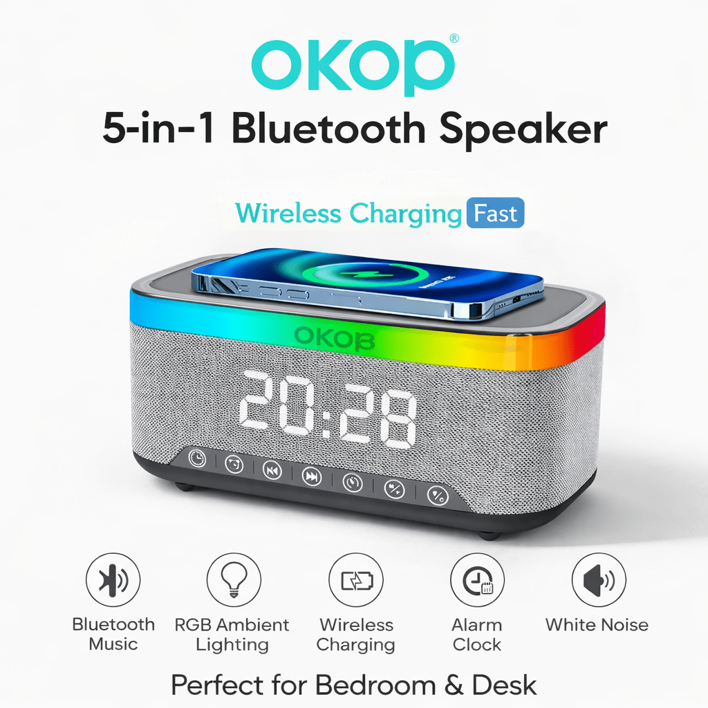 Speaker Bluetooth 5 in 1 con Ricarica Wireless Qi OKOP KP-559 , Sveglia Digitale LED, Luce RGB e White Noise – Vivavoce HD e Design Moderno - | Prendilo Subito