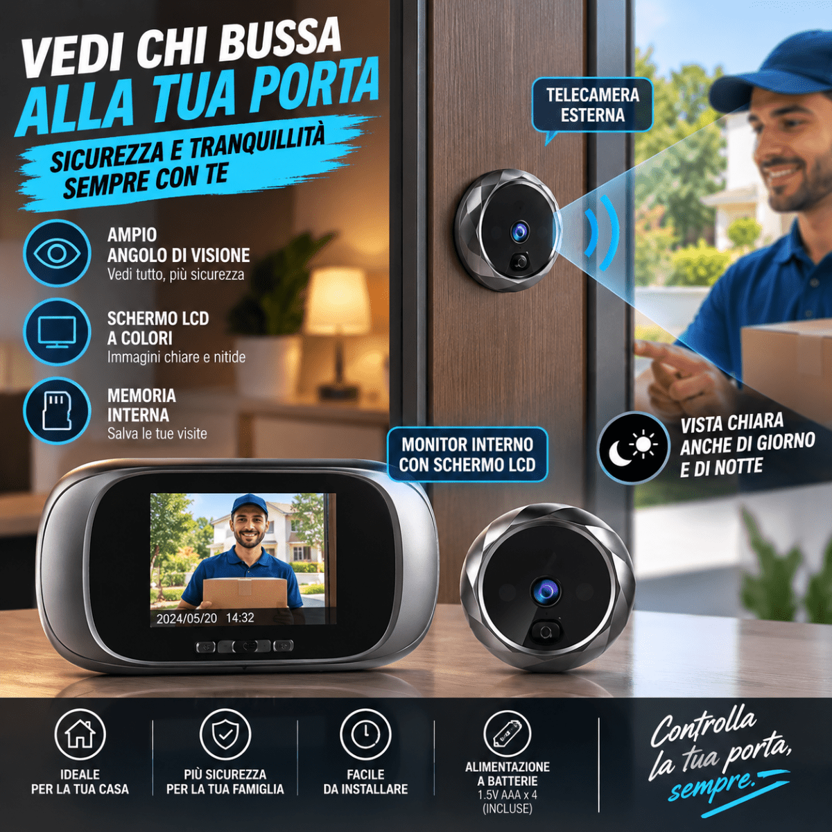 Spioncino Digitale Elettronico per Porta con Telecamera, Schermo LCD a Colori, Memoria Integrata e Visione Grandangolare – Visualizzatore per Porte d'Ingresso - | Prendilo Subito
