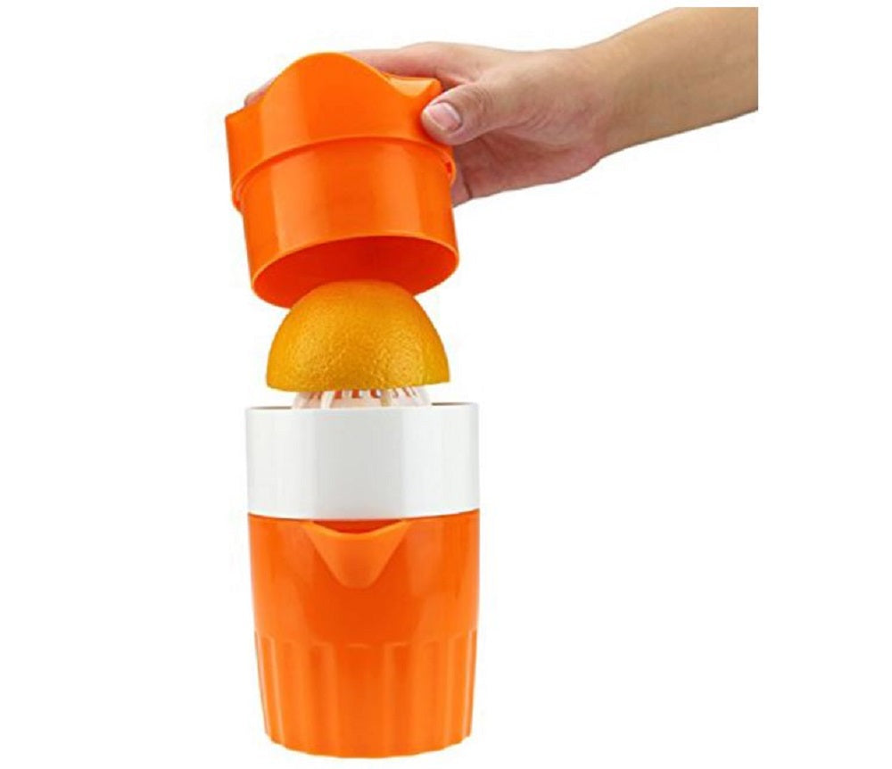 Spremiagrumi manuale in plastica arancione, con cono e base bianca