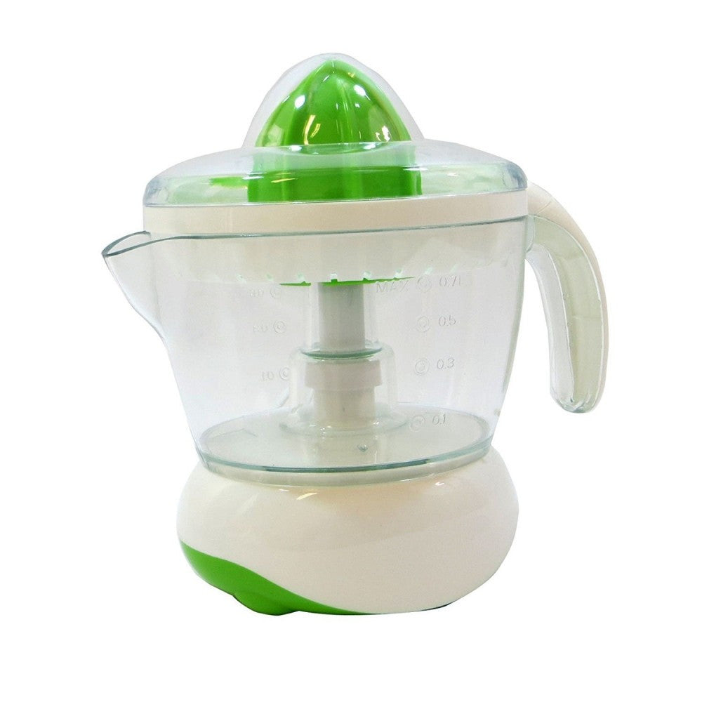 Spremiagrumi elettrico con contenitore trasparente e cono verde, base bianca