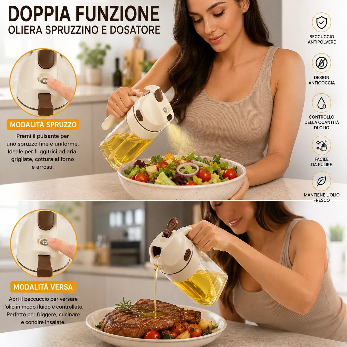 Spruzzatore Olio 2 in 1 500 ml in Vetro – Nebulizzatore e Dosatore per Cucina, Bottiglia per Olio d'Oliva, Aceto e Condimenti, Ideale per Friggitrice ad Aria, BBQ, Insalate e Cottura - | Prendilo Subito