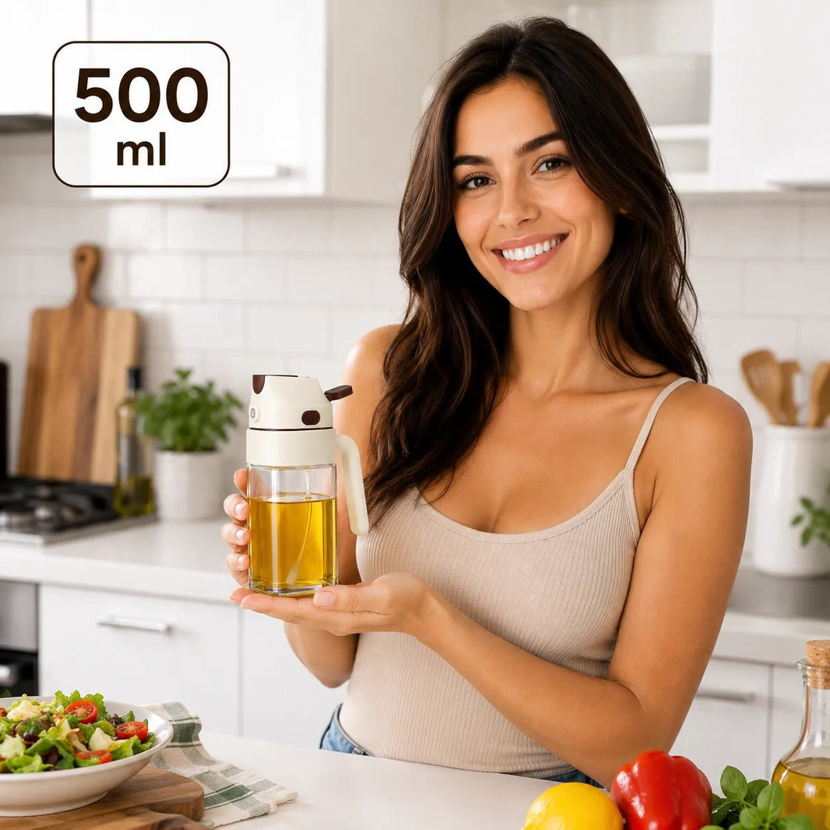 Spruzzatore Olio 2 in 1 500 ml in Vetro – Nebulizzatore e Dosatore per Cucina, Bottiglia per Olio d'Oliva, Aceto e Condimenti, Ideale per Friggitrice ad Aria, BBQ, Insalate e Cottura - | Prendilo Subito