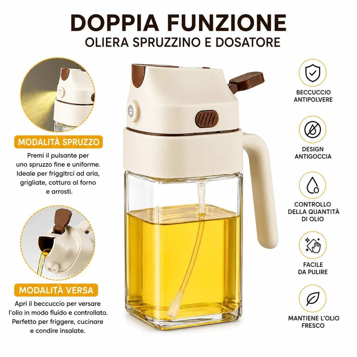 Spruzzatore Olio 2 in 1 500 ml in Vetro – Nebulizzatore e Dosatore per Cucina, Bottiglia per Olio d'Oliva, Aceto e Condimenti, Ideale per Friggitrice ad Aria, BBQ, Insalate e Cottura - | Prendilo Subito