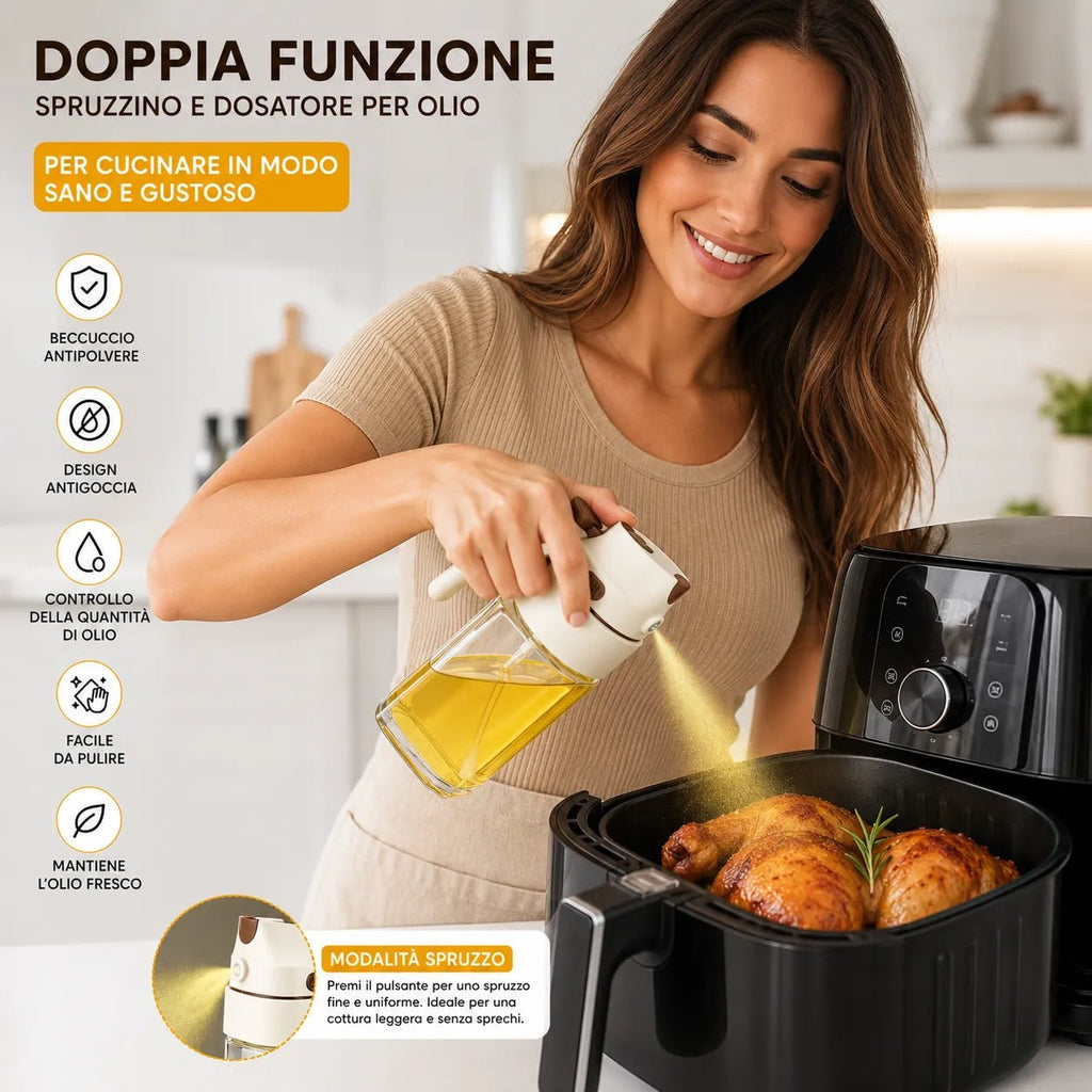 Spruzzatore Olio 2 in 1 500 ml in Vetro – Nebulizzatore e Dosatore per Cucina, Bottiglia per Olio d'Oliva, Aceto e Condimenti, Ideale per Friggitrice ad Aria, BBQ, Insalate e Cottura - | Prendilo Subito