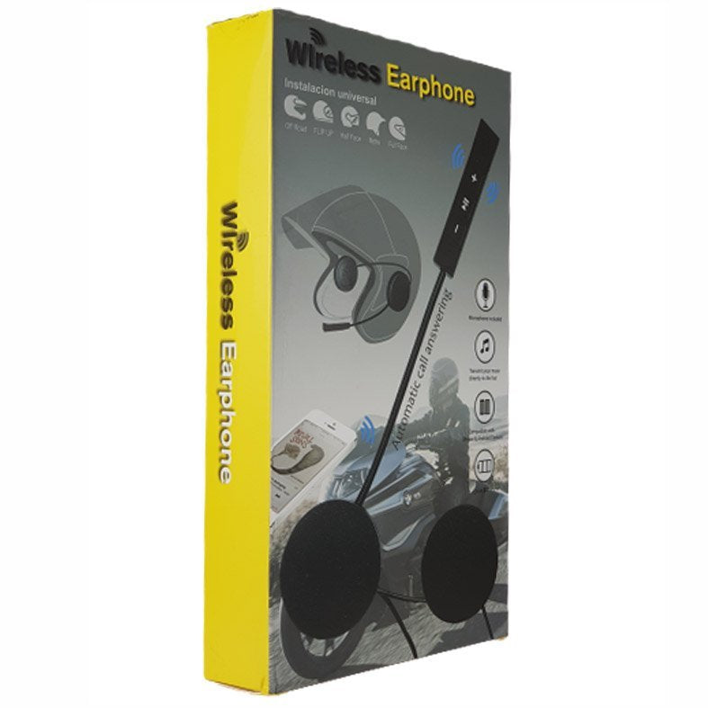 Auricolare Bluetooth da casco in confezione giallo/nero, due altoparlanti e microfono