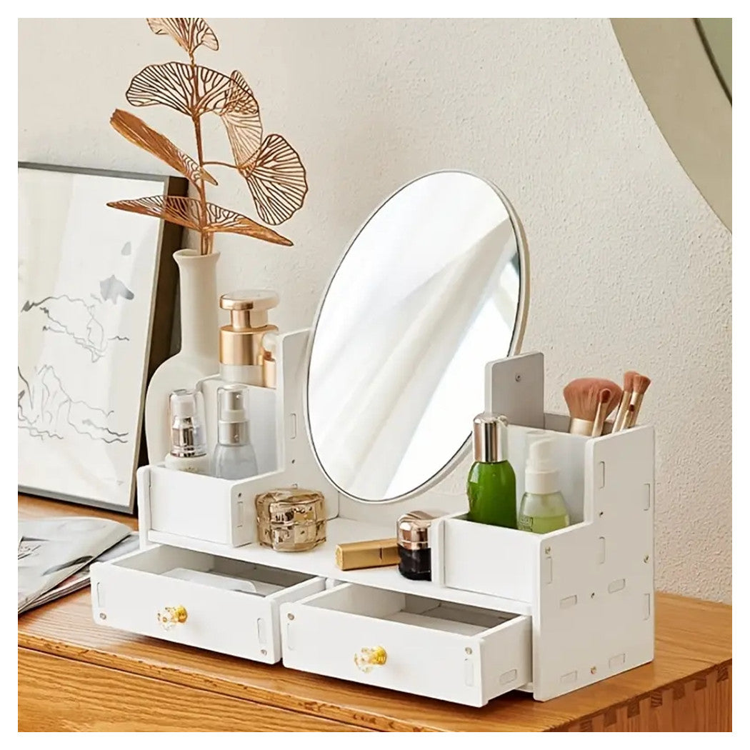 Specchio trucco bianco con organizer e cassetti, specchio rotondo e vani per cosmetici